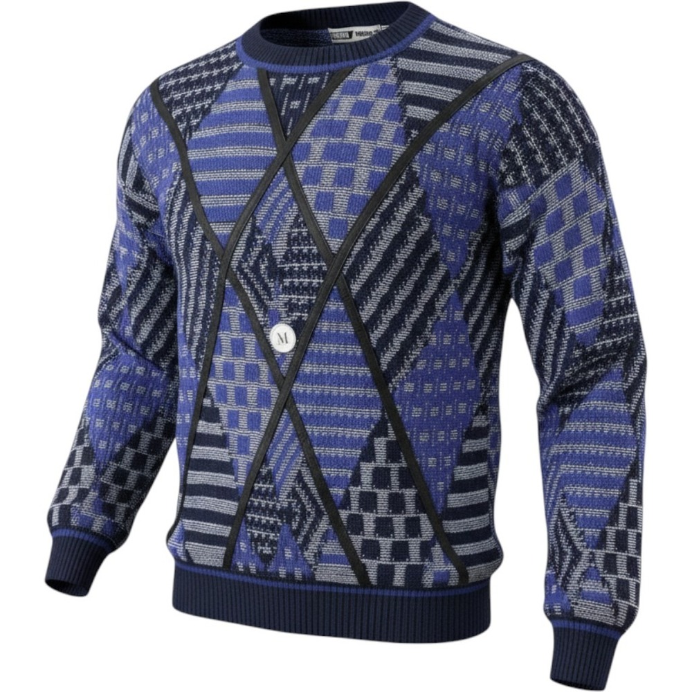 Urban Works Geometric Pullover Sweater Mens M Blue Leather Trim 90s Vintage
